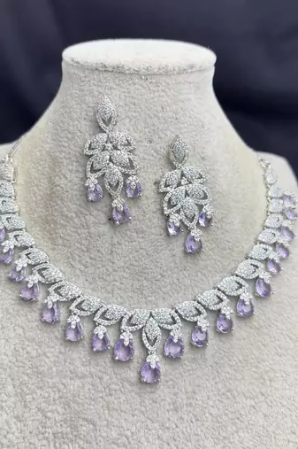 Purple Teardrop CZ Bridal Jewelry Set, Lavender Crystal Necklace Earrings, Prom Formal Evening
