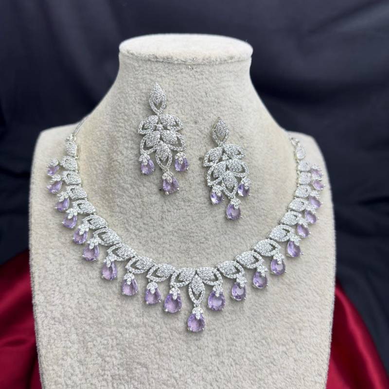 Purple Teardrop CZ Bridal Jewelry Set, Lavender Crystal Necklace Earrings, Prom Formal Evening