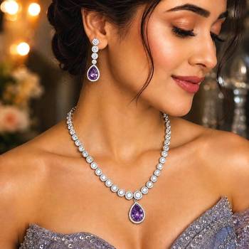 Purple Teardrop CZ Bridal Necklace & Earrings Set, Rhodium Plated Wedding Jewelry 1