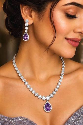 Purple Teardrop CZ Bridal Necklace & Earrings Set, Rhodium Plated Wedding Jewelry