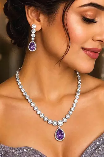 Purple Teardrop CZ Bridal Necklace & Earrings Set, Rhodium Plated Wedding Jewelry