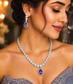 Purple Teardrop CZ Bridal Necklace & Earrings Set, Rhodium Plated Wedding Jewelry