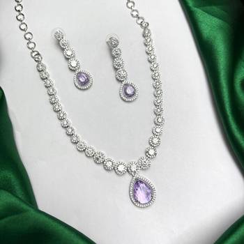 Purple Teardrop CZ Bridal Necklace & Earrings Set, Rhodium Plated Wedding Jewelry 2