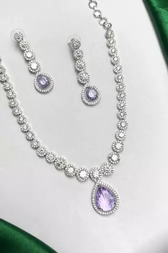 Purple Teardrop CZ Bridal Necklace & Earrings Set, Rhodium Plated Wedding Jewelry