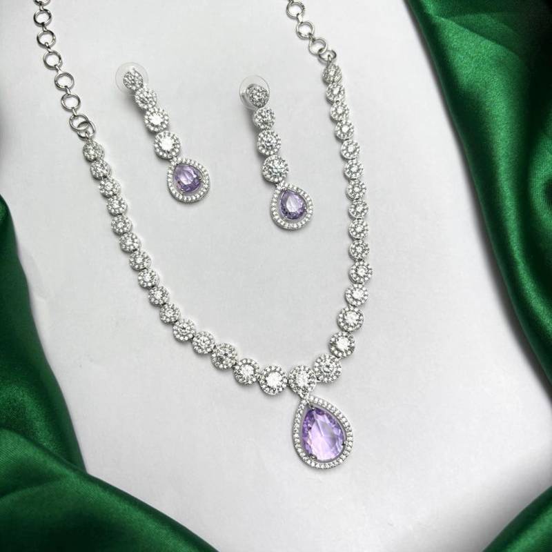 Purple Teardrop CZ Bridal Necklace & Earrings Set, Rhodium Plated Wedding Jewelry