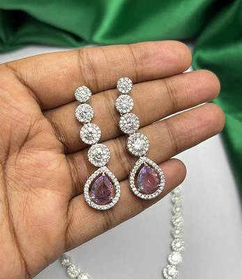 Purple Teardrop CZ Bridal Necklace & Earrings Set, Rhodium Plated Wedding Jewelry 3