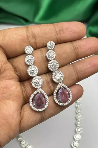 Purple Teardrop CZ Bridal Necklace & Earrings Set, Rhodium Plated Wedding Jewelry