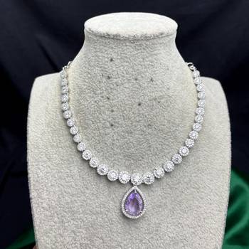 Purple Teardrop CZ Bridal Necklace & Earrings Set, Rhodium Plated Wedding Jewelry 4
