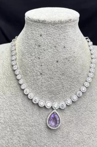 Purple Teardrop CZ Bridal Necklace & Earrings Set, Rhodium Plated Wedding Jewelry