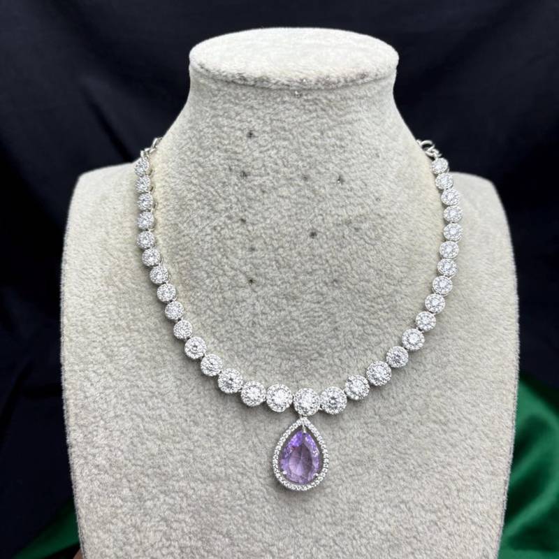 Purple Teardrop CZ Bridal Necklace & Earrings Set, Rhodium Plated Wedding Jewelry