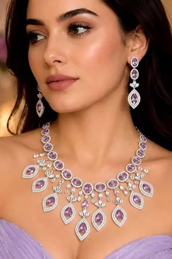 Purple Crystal Teardrop Necklace Earrings Set, Lavender CZ Bridal Prom Jewelry
