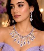Purple Crystal Teardrop Necklace Earrings Set, Lavender CZ Bridal Prom Jewelry