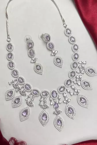 Purple Crystal Teardrop Necklace Earrings Set, Lavender CZ Bridal Prom Jewelry