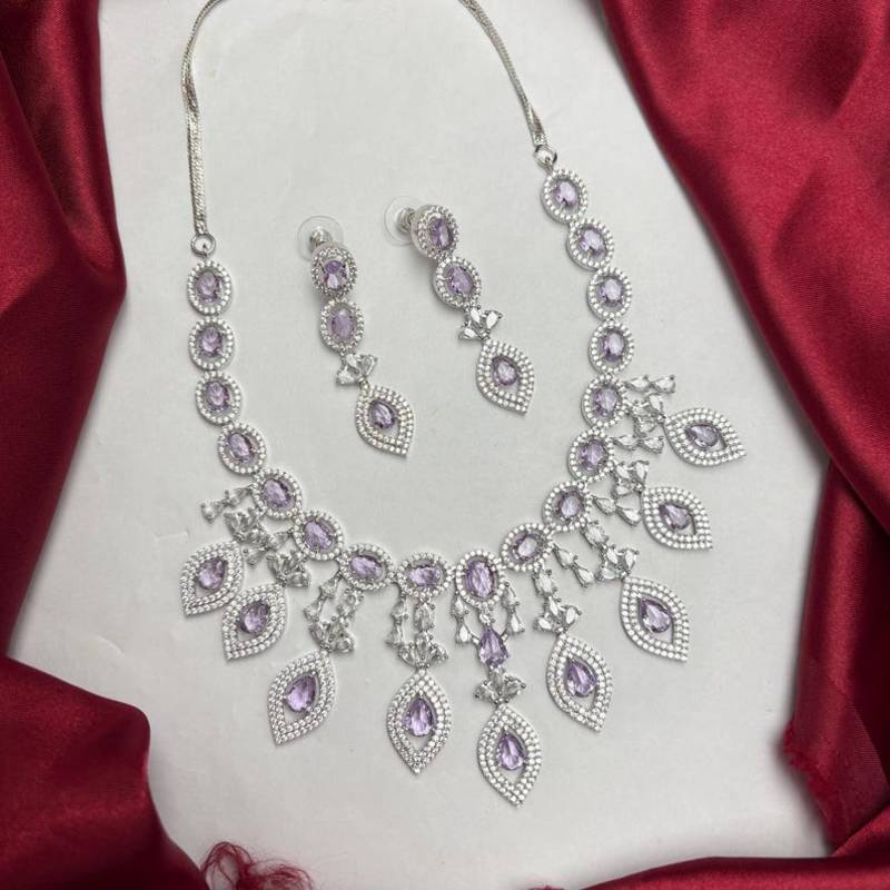 Purple Crystal Teardrop Necklace Earrings Set, Lavender CZ Bridal Prom Jewelry