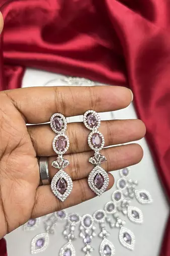 Purple Crystal Teardrop Necklace Earrings Set, Lavender CZ Bridal Prom Jewelry