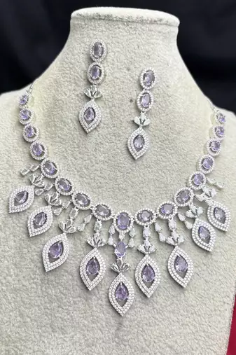 Purple Crystal Teardrop Necklace Earrings Set, Lavender CZ Bridal Prom Jewelry