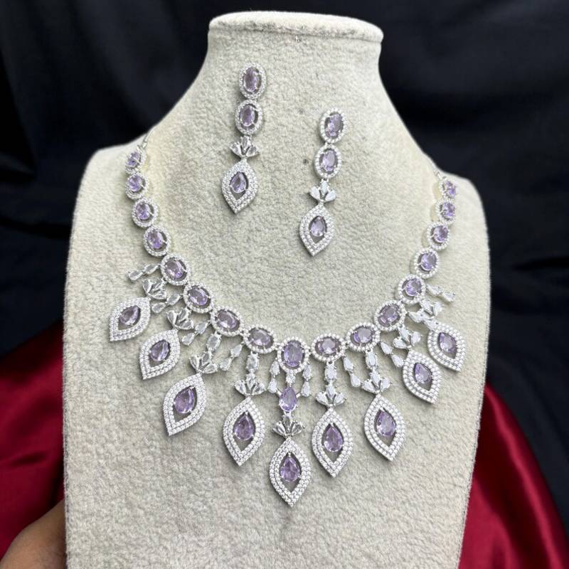 Purple Crystal Teardrop Necklace Earrings Set, Lavender CZ Bridal Prom Jewelry