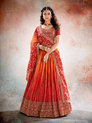 REDISH ORANGE BANDHANI PRINTE WITH SEQUINS ZARI EMROIDERY WORK CHINON LEHENGA CHOLI DUPATTA 1