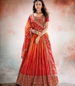 REDISH ORANGE BANDHANI PRINTE WITH SEQUINS ZARI EMROIDERY WORK CHINON LEHENGA CHOLI DUPATTA