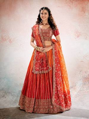 REDISH ORANGE BANDHANI PRINTE WITH SEQUINS ZARI EMROIDERY WORK CHINON LEHENGA CHOLI DUPATTA 2