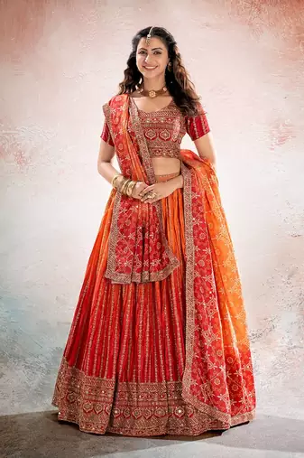 REDISH ORANGE BANDHANI PRINTE WITH SEQUINS ZARI EMROIDERY WORK CHINON LEHENGA CHOLI DUPATTA