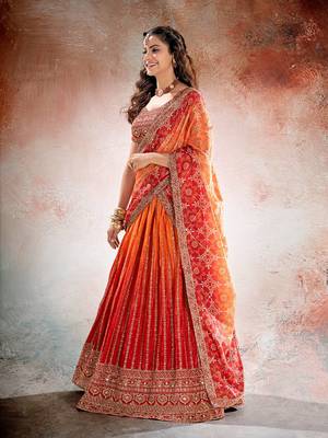 REDISH ORANGE BANDHANI PRINTE WITH SEQUINS ZARI EMROIDERY WORK CHINON LEHENGA CHOLI DUPATTA 3