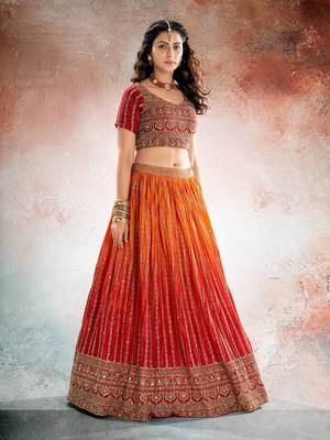 REDISH ORANGE BANDHANI PRINTE WITH SEQUINS ZARI EMROIDERY WORK CHINON LEHENGA CHOLI DUPATTA 4