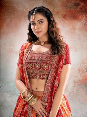 REDISH ORANGE BANDHANI PRINTE WITH SEQUINS ZARI EMROIDERY WORK CHINON LEHENGA CHOLI DUPATTA 5