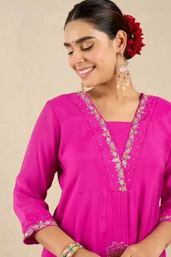 Floral Embroidered Square Neck Gotta Patti A-Line Kurta With Trousers