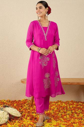 Floral Embroidered Square Neck Gotta Patti A-Line Kurta With Trousers