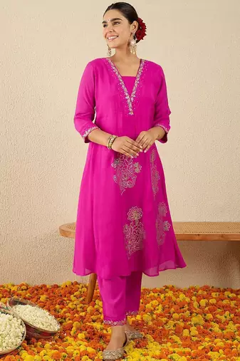 Floral Embroidered Square Neck Gotta Patti A-Line Kurta With Trousers