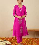 Floral Embroidered Square Neck Gotta Patti A-Line Kurta With Trousers