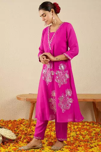Floral Embroidered Square Neck Gotta Patti A-Line Kurta With Trousers