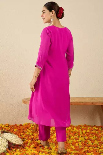 Floral Embroidered Square Neck Gotta Patti A-Line Kurta With Trousers