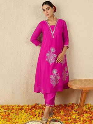 Floral Embroidered Square Neck Gotta Patti A-Line Kurta With Trousers 5
