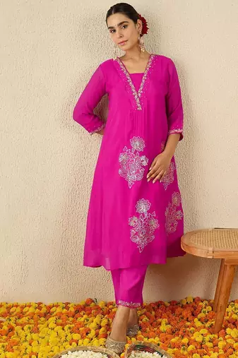 Floral Embroidered Square Neck Gotta Patti A-Line Kurta With Trousers