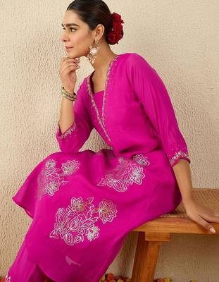 Floral Embroidered Square Neck Gotta Patti A-Line Kurta With Trousers 6