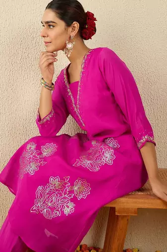Floral Embroidered Square Neck Gotta Patti A-Line Kurta With Trousers