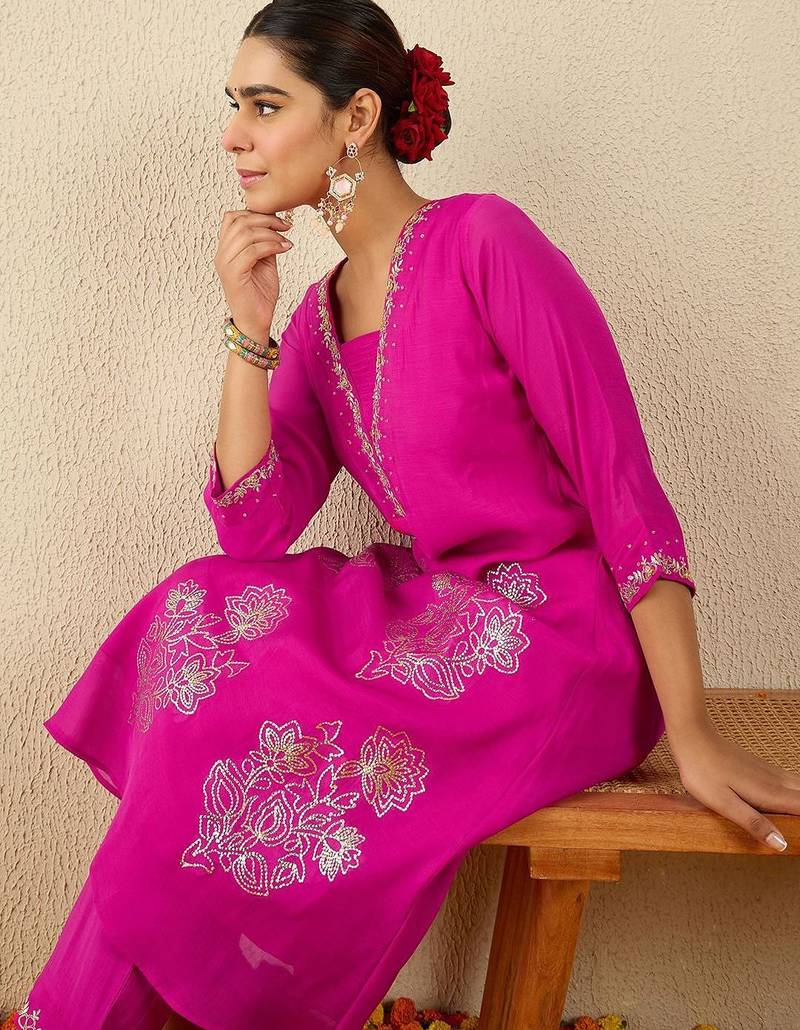 Floral Embroidered Square Neck Gotta Patti A-Line Kurta With Trousers