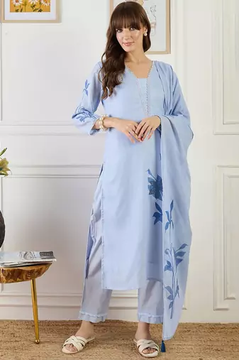 Women Floral Printed Regular Patchwork Linen Kurta with Trousers & Dupatta