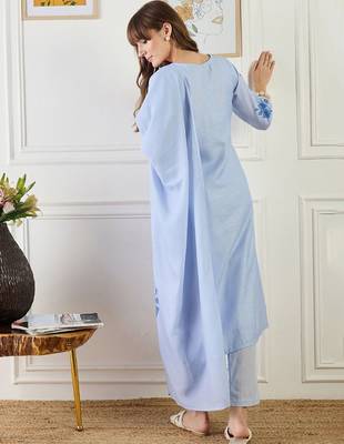 Women Floral Printed Regular Patchwork Linen Kurta with Trousers & Dupatta 6