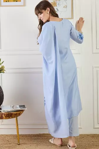 Women Floral Printed Regular Patchwork Linen Kurta with Trousers & Dupatta