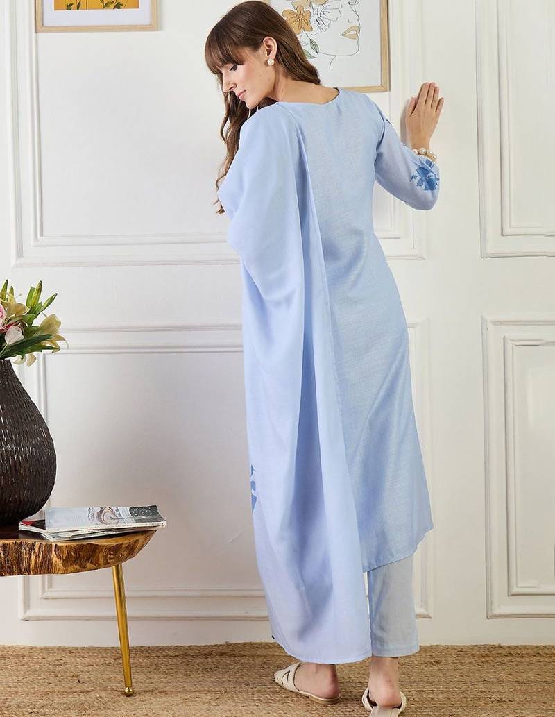 Women Floral Printed Regular Patchwork Linen Kurta with Trousers & Dupatta