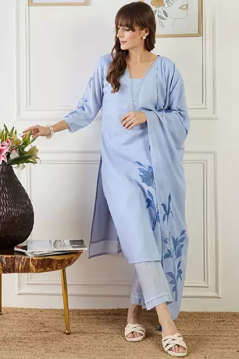Women Floral Printed Regular Patchwork Linen Kurta with Trousers & Dupatta