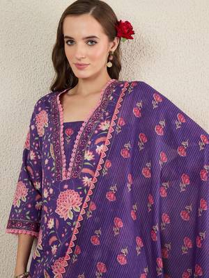 Women Floral Printed Cotton Kurta with Trousers & Dupatta 2