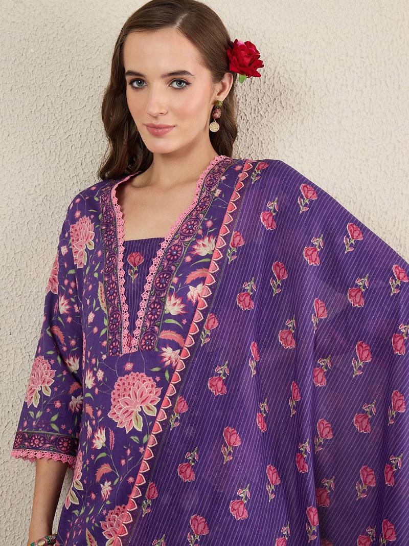 Women Floral Printed Cotton Kurta with Trousers & Dupatta