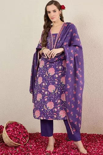 Women Floral Printed Cotton Kurta with Trousers & Dupatta