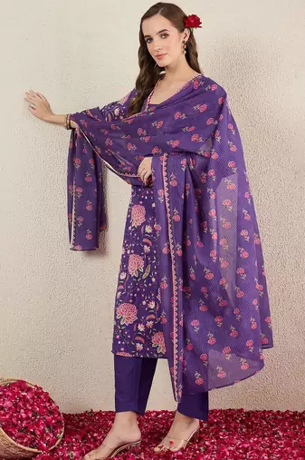 Women Floral Printed Cotton Kurta with Trousers & Dupatta