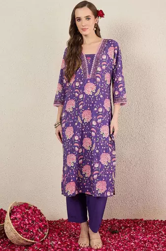 Women Floral Printed Cotton Kurta with Trousers & Dupatta
