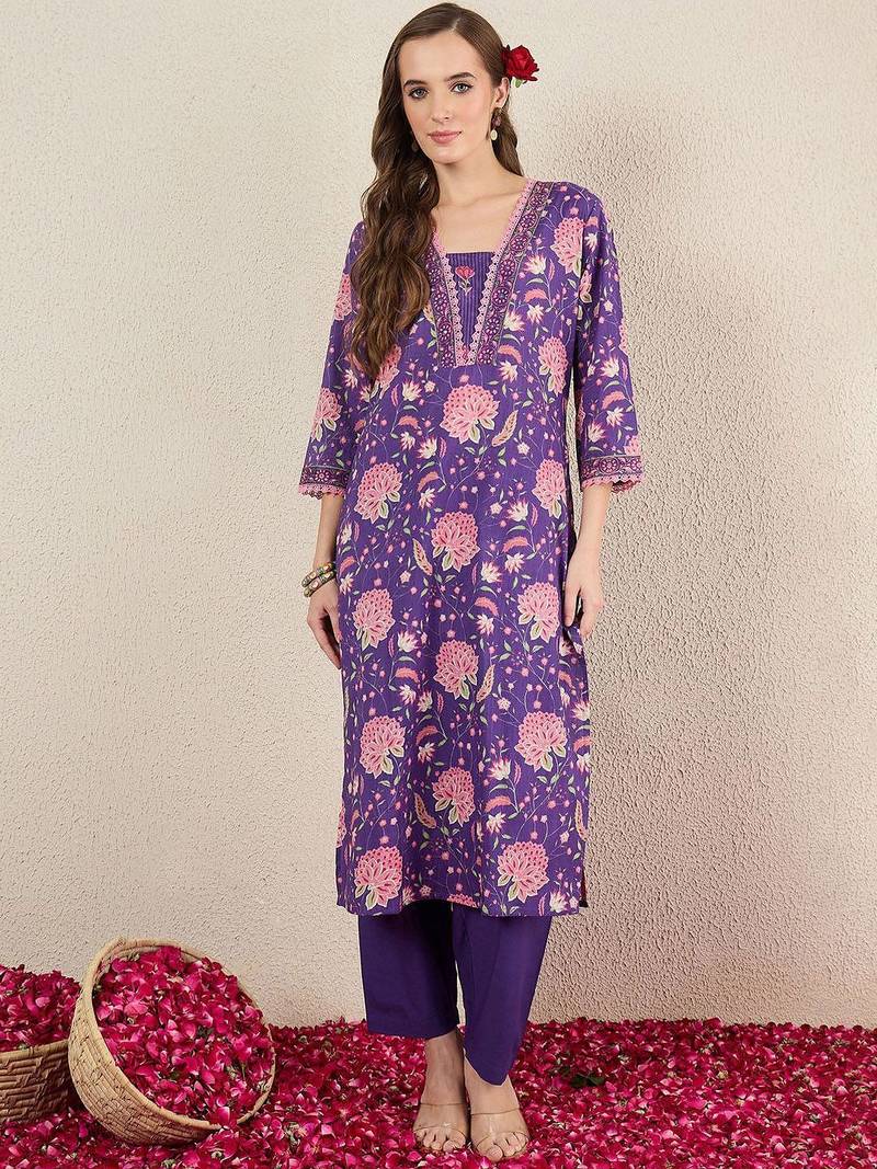 Women Floral Printed Cotton Kurta with Trousers & Dupatta
